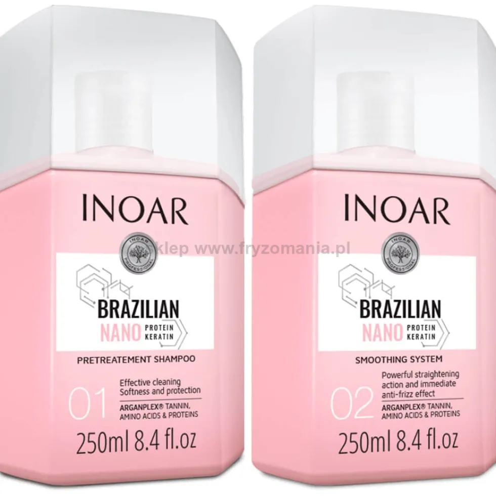 Inoar Brazilian Nano Keratin - zestaw do prostowania włosów szampon 250ml i kuracja 250ml