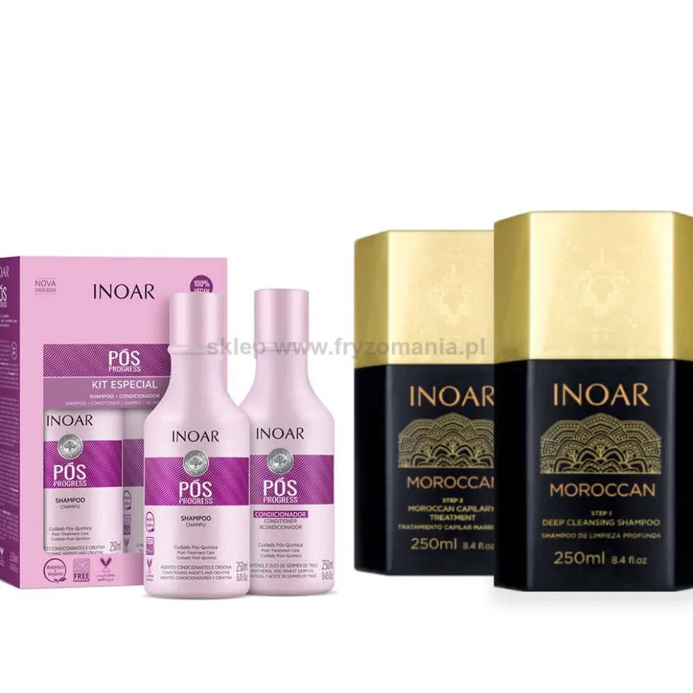 Inoar Moroccan, Pos Progress Duo, zestaw do keratynowego prostowania włosów, keratyna 250ml, odżywka 250ml i 2x szampon 250ml