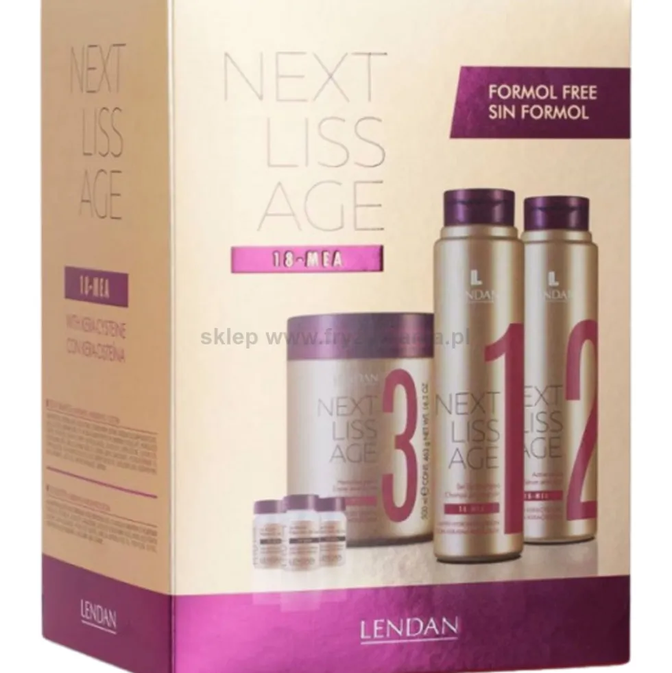 Lendan Next Liss Age Zestaw do prostowania włosów szampon 300ml, serum 300ml, maska 500ml + ampułki 6x7,6ml