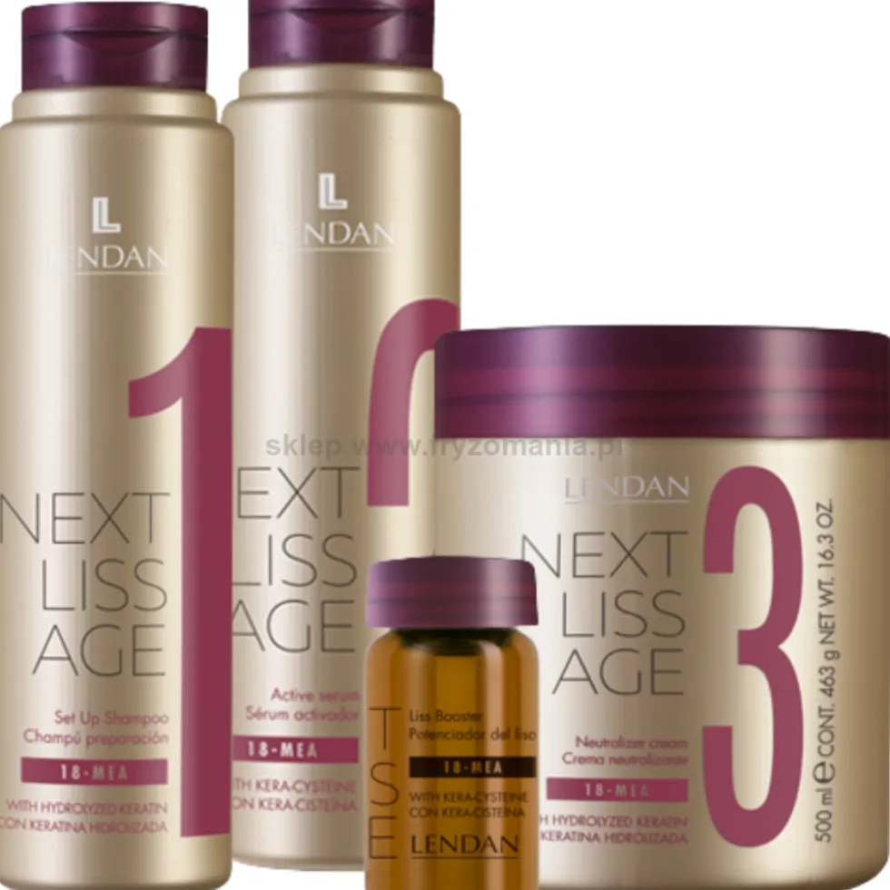 Lendan Next Liss Age Zestaw do prostowania włosów szampon 300ml, serum 300ml, maska 500ml + ampułki 6x7,6ml