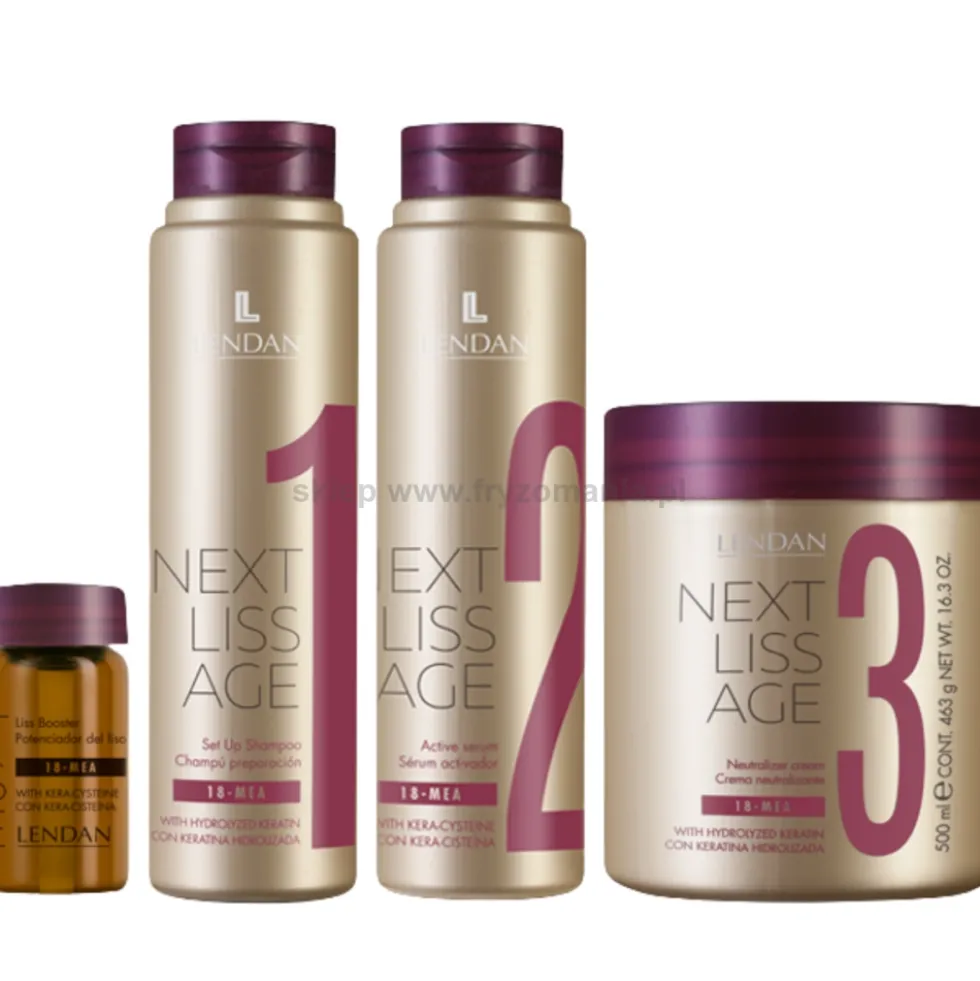 Lendan Next Liss Age Zestaw do prostowania włosów szampon 300ml, serum 300ml, maska 500ml + ampułki 6x7,6ml