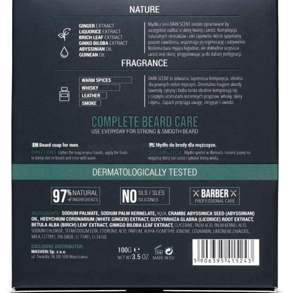 Masveri Dark Scent Beard Mydło w kostce do brody dla mężczyzn 100g