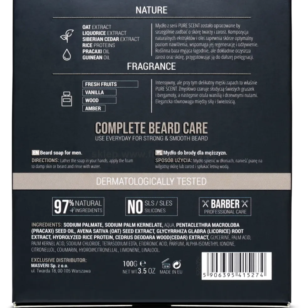 Masveri Pure Scent Beard Mydło w kostce do brody dla mężczyzn 100g