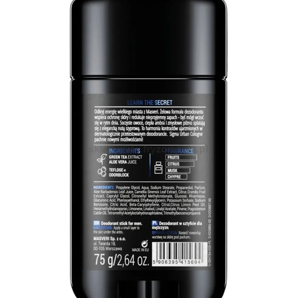 Masveri Sigma Urban Cologne Dezodorant w sztyfcie 75g