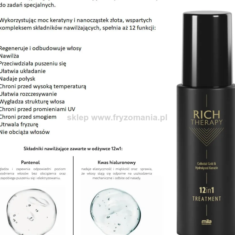 Mila Professional Rich Therapy 12in1 wielofunkcyjna odżywka w sprayu do włosów z keratyną i złotem koloidalnym 150ml