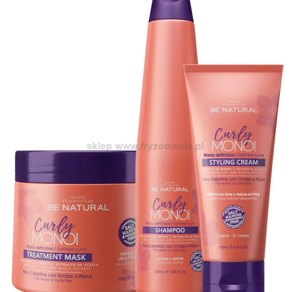 Placenta Life Curly Monoi - zestaw do włosów kręconych szampon, maska 2x350ml i krem 200ml