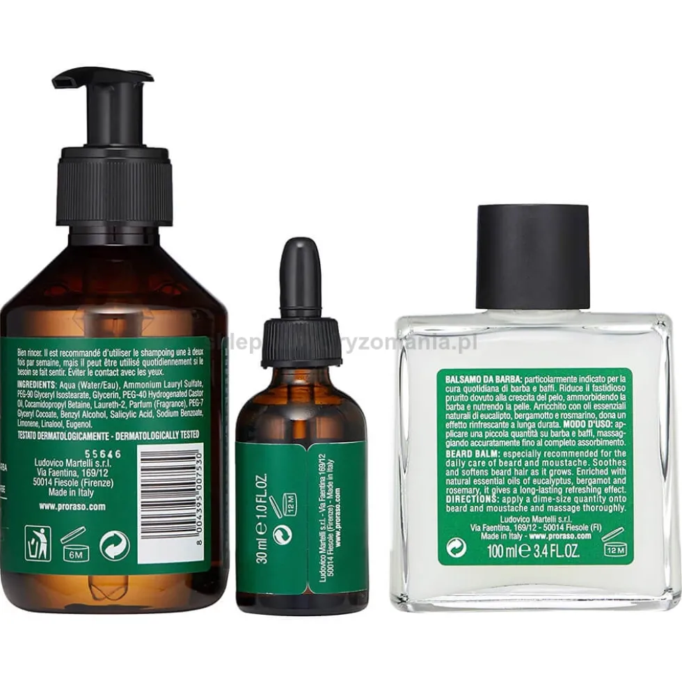 Proraso Refreshing, zestaw do pielęgnacji brody, szampon 200ml, balsam, 100ml, olejek 30ml