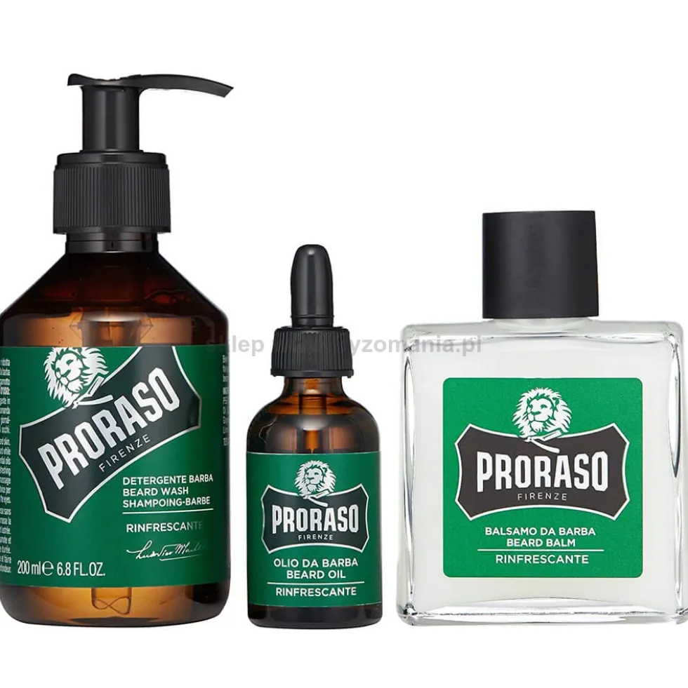 Proraso Refreshing, zestaw do pielęgnacji brody, szampon 200ml, balsam, 100ml, olejek 30ml