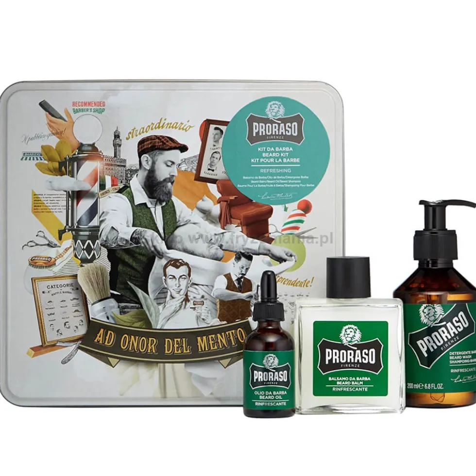 Proraso Refreshing, zestaw do pielęgnacji brody, szampon 200ml, balsam, 100ml, olejek 30ml