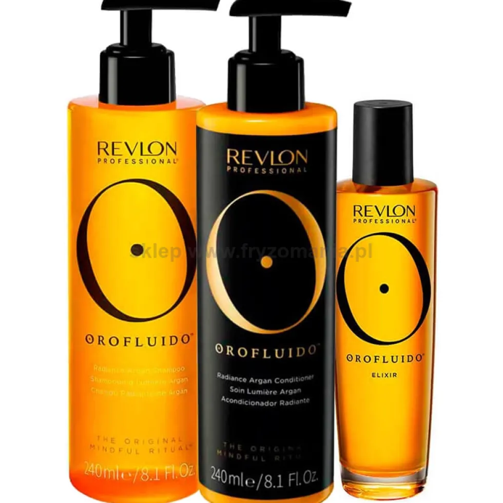 Revlon Orofluido - zestaw rozświetlający włosy szampon 240ml, odżywka 240ml i olejek 100ml