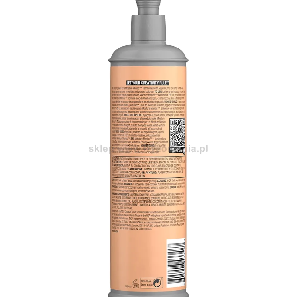 Tigi Bed Head Moisture Maniac Szampon nawilżający do włosów suchych i matowych 400ml