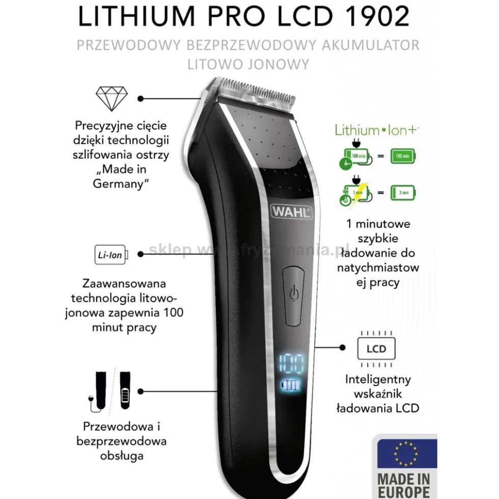 Wahl Home Lithium Pro 1901, maszynka do strzyżenia z wyświetlaczem LCD, bezprzewodowa